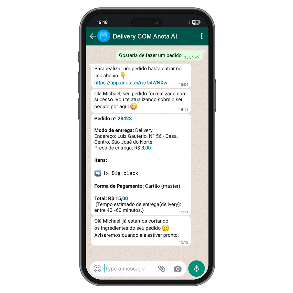 Cliente fazendo um pedido pelo WhatsApp no cardápio digital da Anota AI