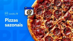 imagem de fundo azul e a foto de meia pizza de calabreza e o texto de pizzas sazonais