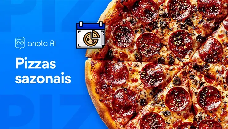 imagem de fundo azul e a foto de meia pizza de calabreza e o texto de pizzas sazonais