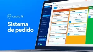 simagem com fundo azul e a foto de um laptop com o sistema para marmitaria da anota ai na tela