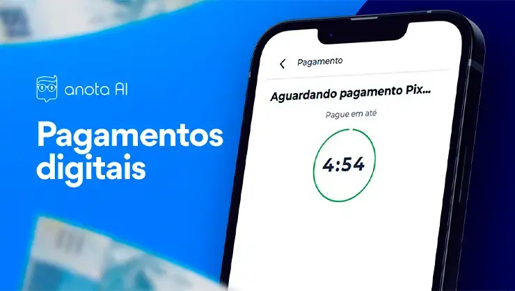 imagem de fundo azul e a foto de um celular, com um texto falando dos benefícios dos pagamentos digitais para um restaurante