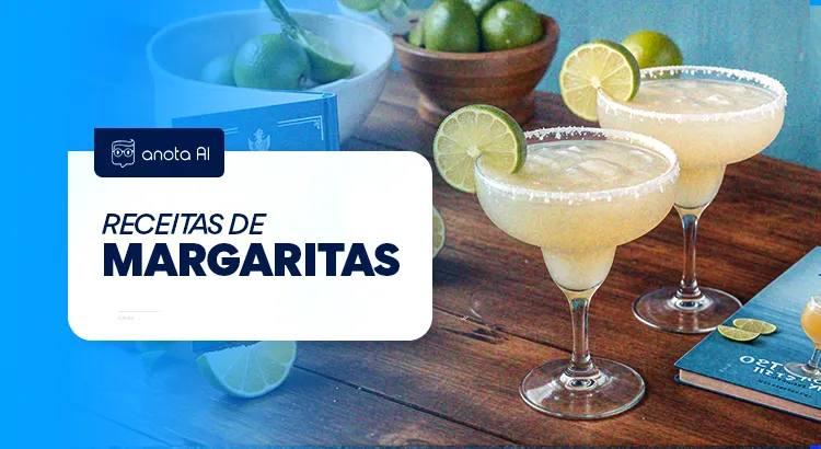 foto com receitas de margaritas em duas taças e enfeitada com limão e sal. Tabmém tem um texto de "receitas de margaritas".