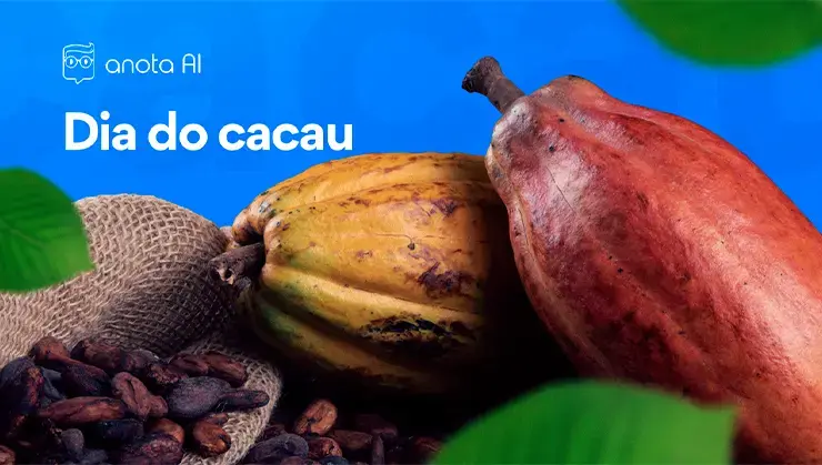 imagem com fundo azul, texto falando do dia do cacau e várias imagens de cacaus diferentes
