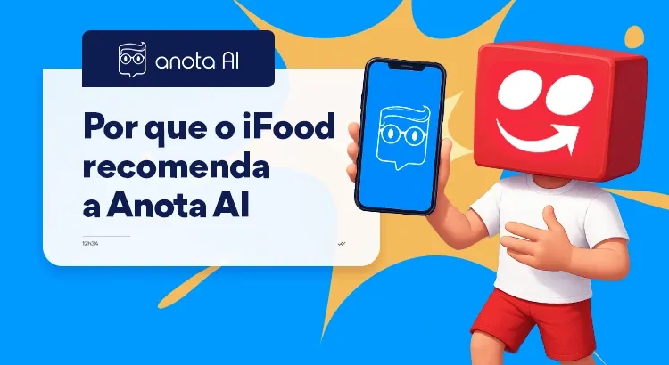 Anota AI Blog 2 imagem feita por design, com um corpo com cabeça de sacola do ifood e um textto com escritos sobre ifood e anota ai