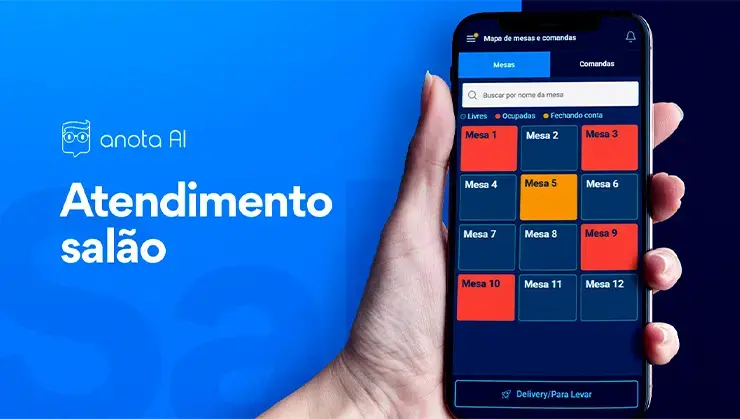 imagem azul com uma mão segurando o celular e um texto falando sobre como melhorar o atendimento de um restaurante importa no salão