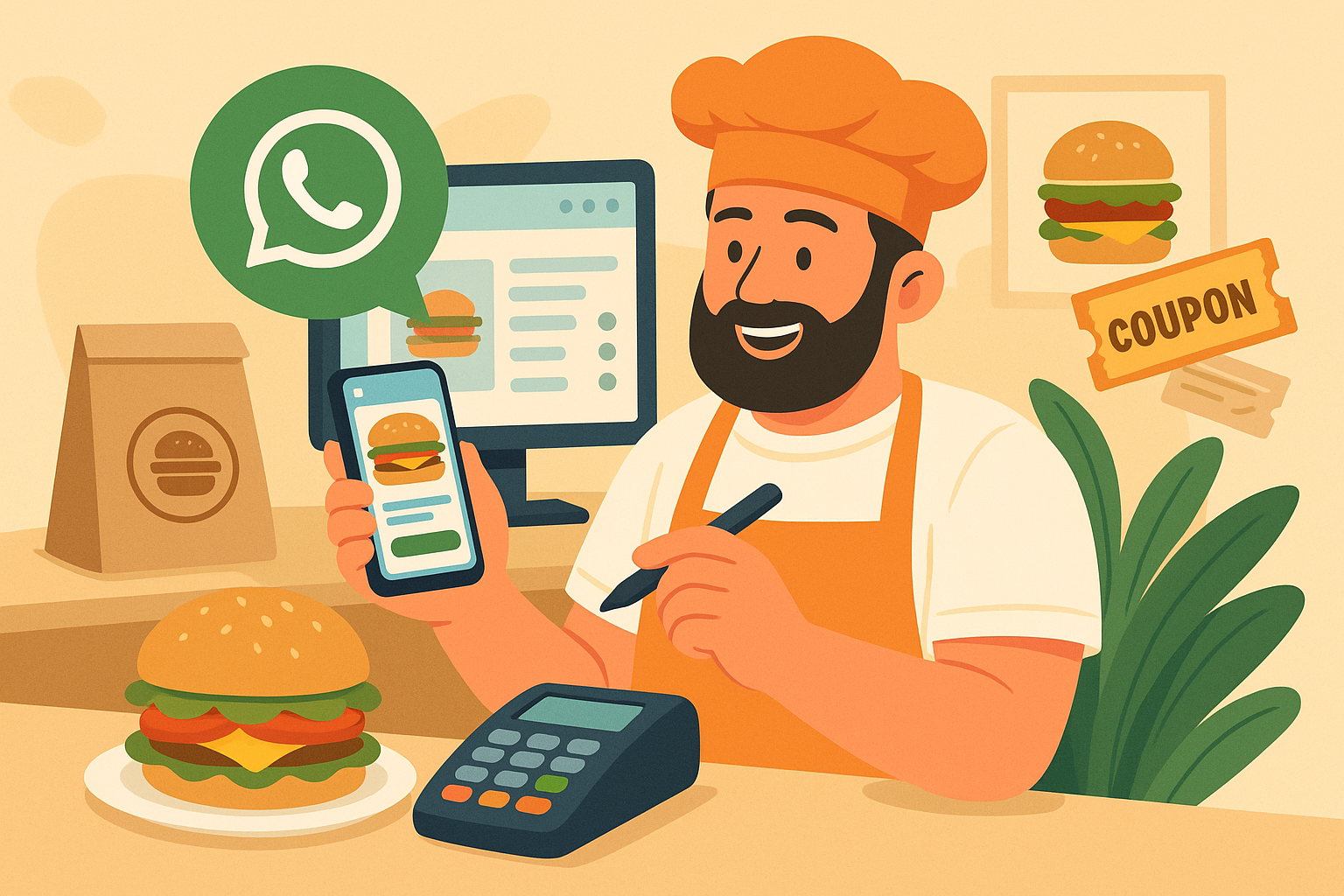 ilustração fofa, que mostra o dono de uma hamburgueria que usa um sistema de gestão para hamburguerias