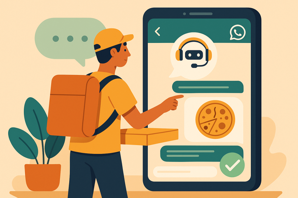 imagem ilustrada que mostra um entregador usufruindo do atendimento automatizado no whatsapp