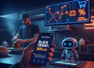 Anota AI Blog 5 imagem com um robô e um humano cozinhando e um celular escrito black friday no restaurante