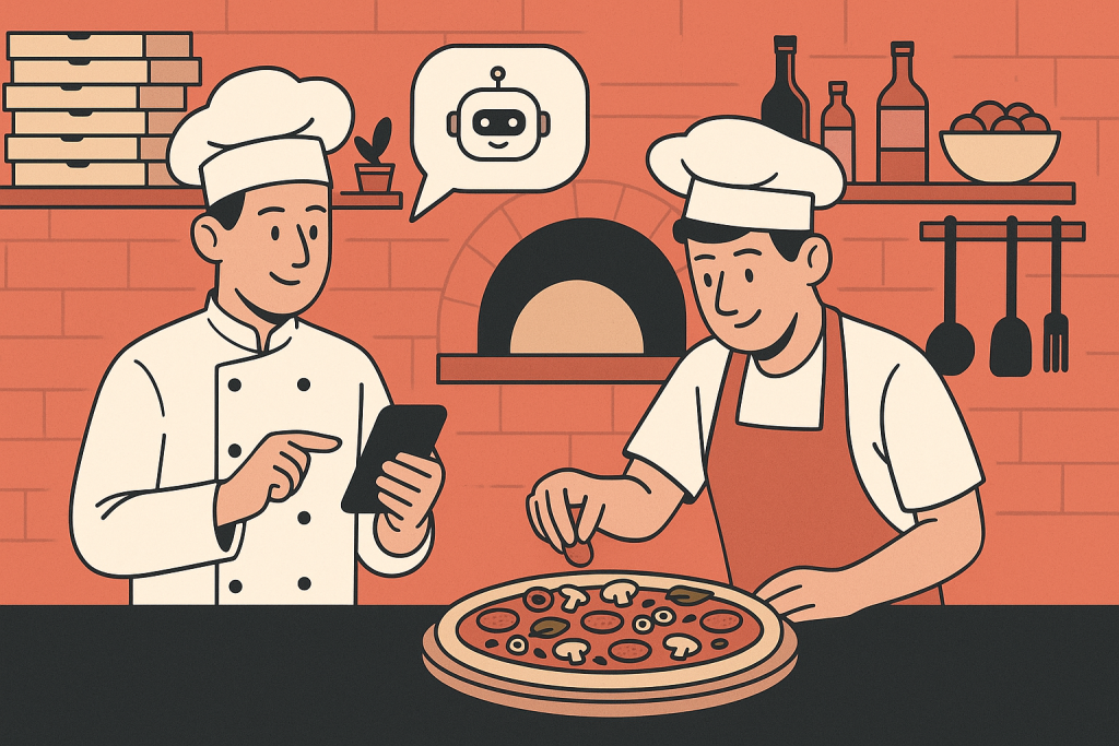 imagem ilustrada com dois chefs mostrando um sistema de gestão para pizzarias
