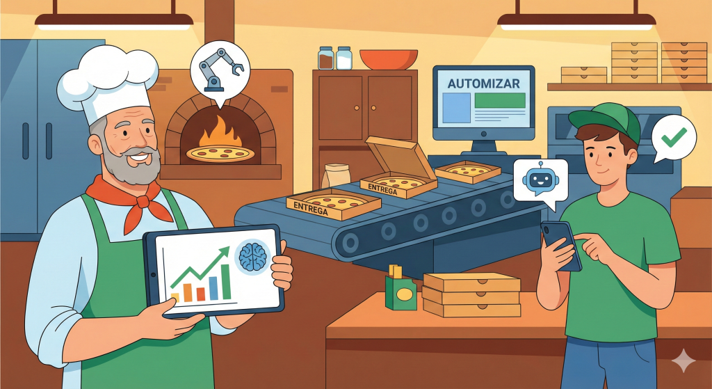 imagem ilustrada que mostra um forno de pizza e pizzaiolos e um deles segura um tablet mostrando automação para pizzarias.