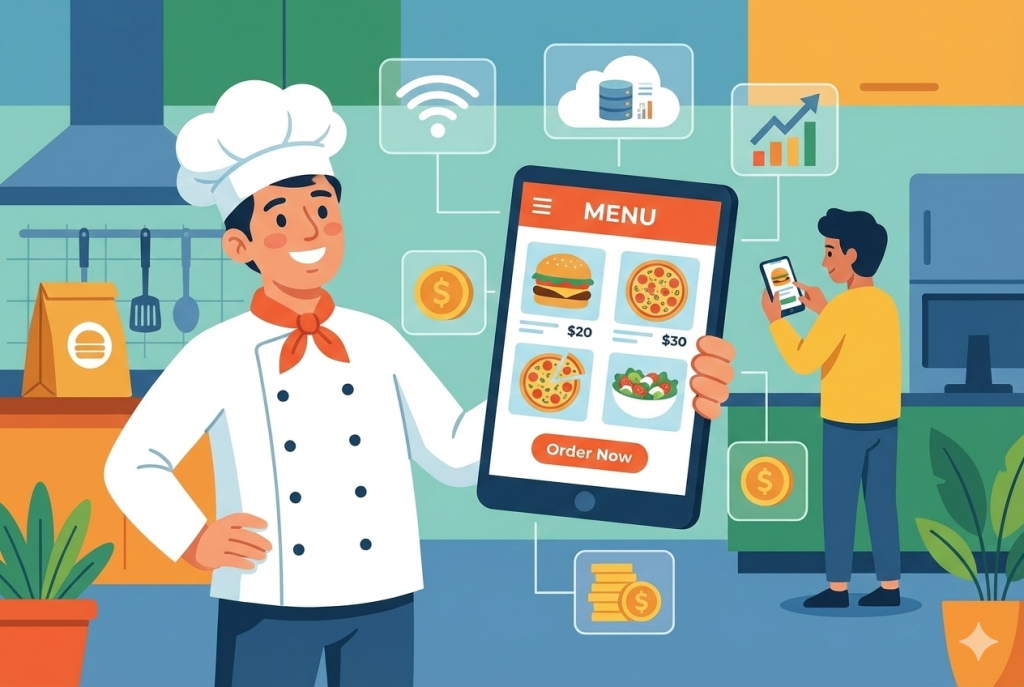 ilustração mostrando um cheff segurando um cardápio digital para restaurante
