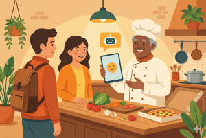 imagem ilustrada de donos de restaurante, entregador e cliente falando sobre atendimento no delivery