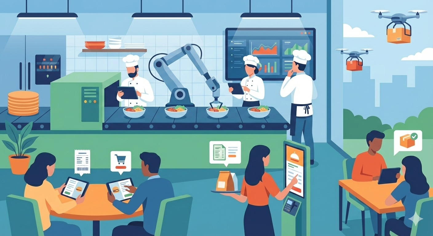 imagem ilustrada de um restaurante com processos mostrando a automatização de restaurantes