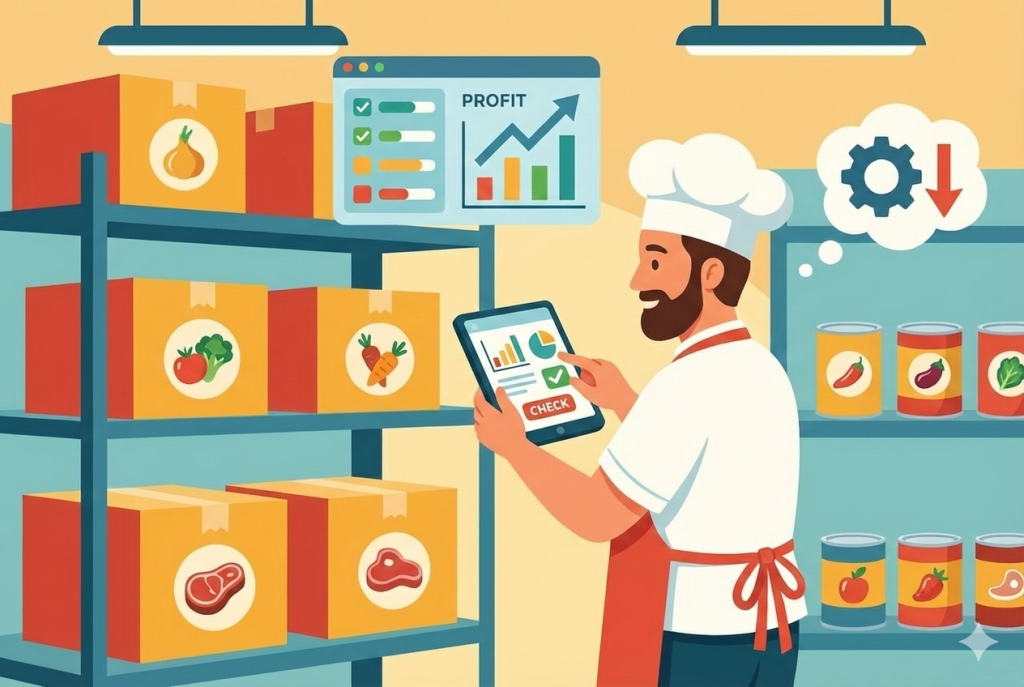 imagem mostrando o desenho de um dono de restaurante segurando um tablet para fazer a gestão de estoque para restaurante.