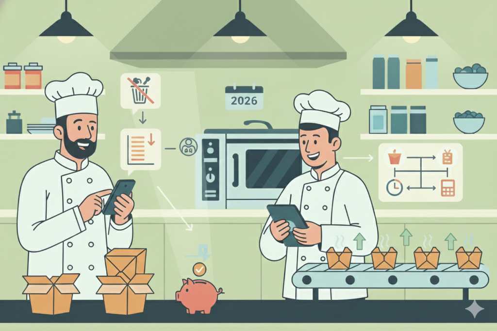 imagem desenhada de duas pessoas na cozinha felizes por conseguir reduzir custos no restaurante