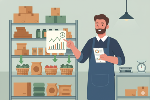 Anota AI Blog 5 imagem desenhada mostrando prateleiras e números simbolizando custo de estoque no restaurante