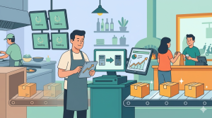 imagem ilustrando, em desenho, um dono de restaurante fazendo a migração de sistema de delivery