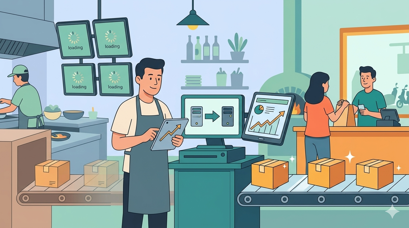 imagem ilustrando, em desenho, um dono de restaurante fazendo a migração de sistema de delivery